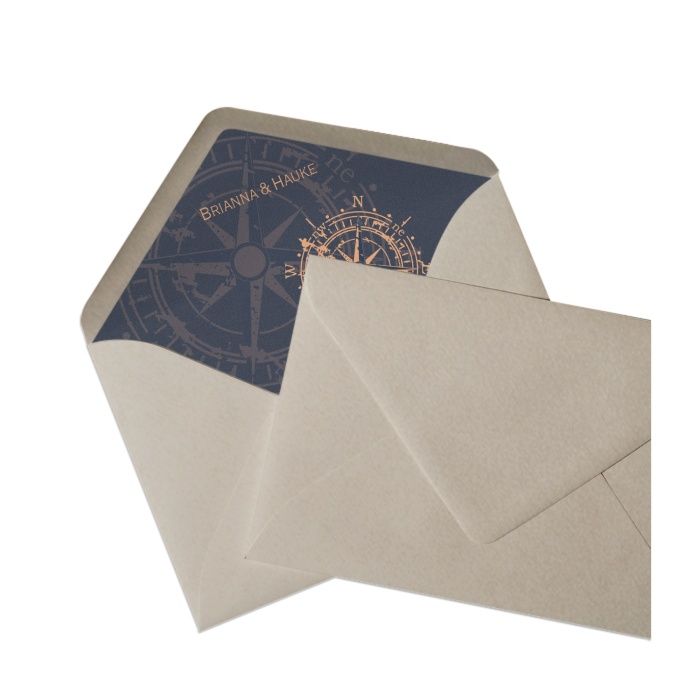 Briefumschlagsinlay mit maritimen Hochzeitsdesign bedruckt in dunkelblau - Taupe metallic