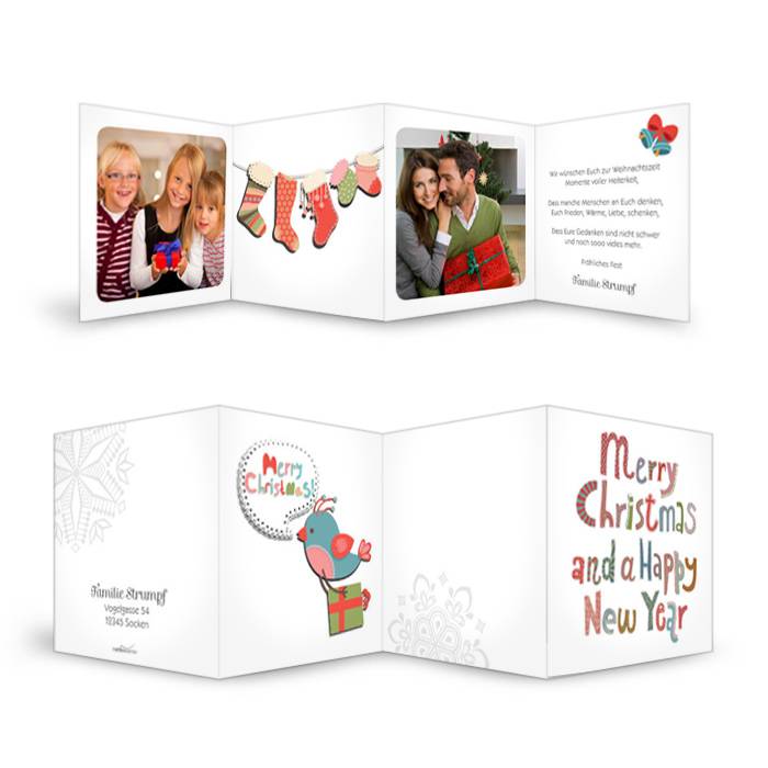 Weihnachtskarte mit fröhlichem bunten Schriftzug
