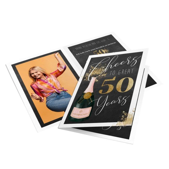 Champagner Geburtstagseinladung mit goldener Fünfzig und Foto