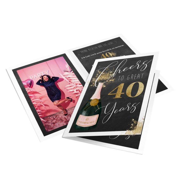 Champagner Geburtstagseinladung mit goldener Vierzig und Foto