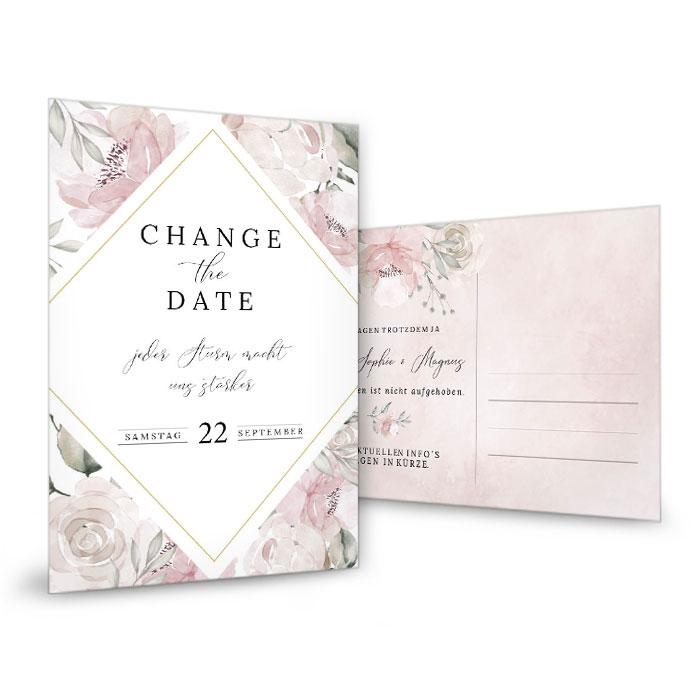 Change the Date Karte mit Aquarellblumen in Rosa