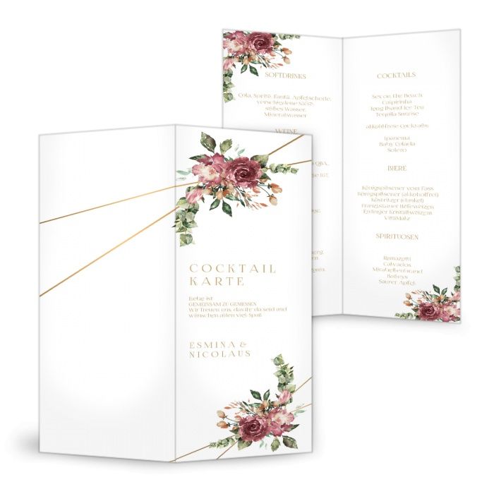 Cocktailkarte im romantischen Rosendesign für eure Hochzeitstafel