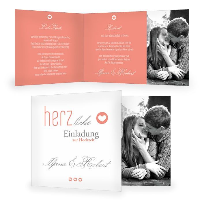 Coralfarbene Hochzeitseinladung im Letterpress Design