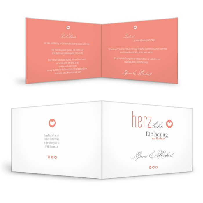 Coralfarbene Hochzeitseinladung in Letterpress Optik mit Herz