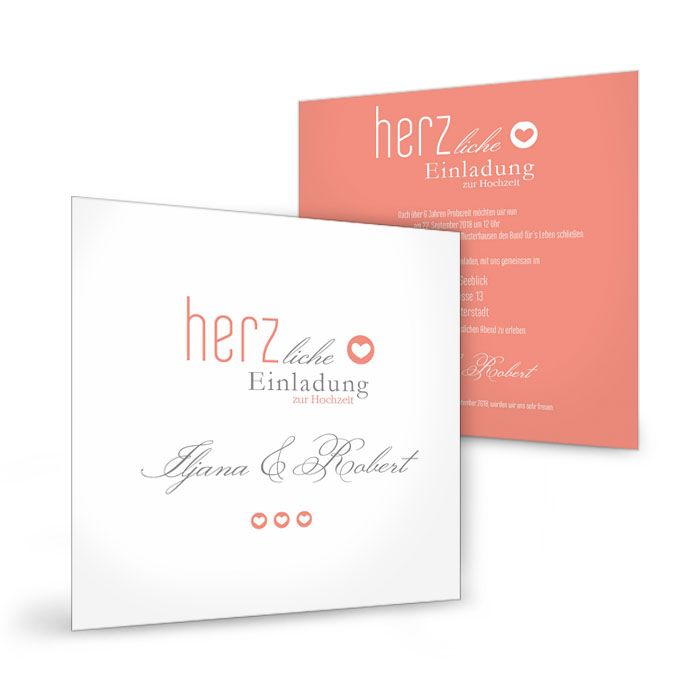 Coralfarbene Postkarte als Hochzeitseinladung in Letterpress Optik