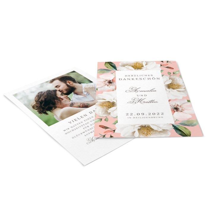 Danksagung zur Hochzeit als Postkarte im floralen Design in Rose - online selbst gestalten