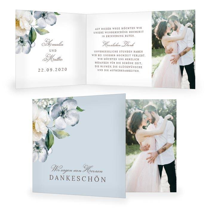 Danksagung zur Hochzeit im floralen Design in Graublau