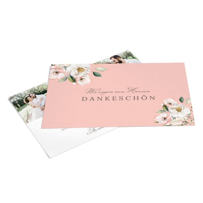 Danksagung zur Hochzeit als Postkarte im floralen Design in Rose - online selbst gestalten