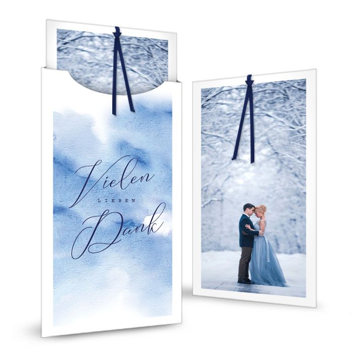 Hochzeitsdanksagung als Einsteckkarte mit Watercolor in Blau