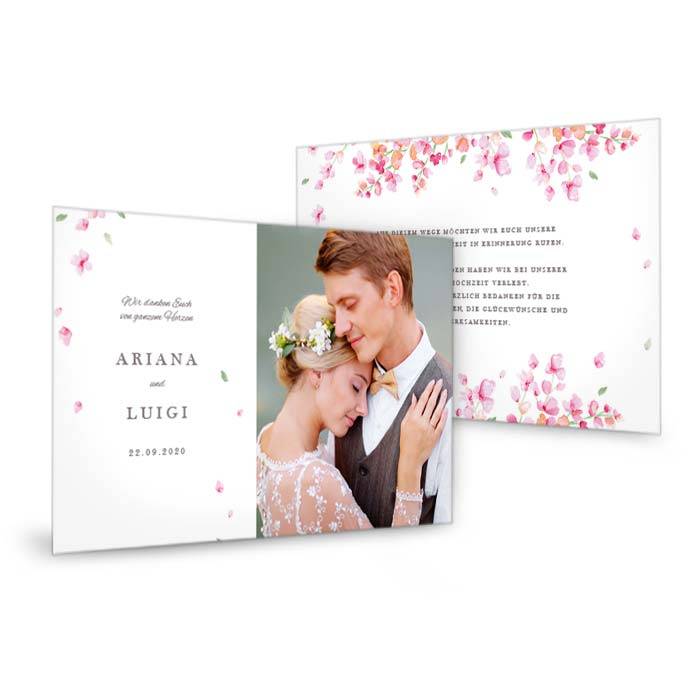 Hochzeitsdanksagung als Postkarte mit rosafarbenen Blüten