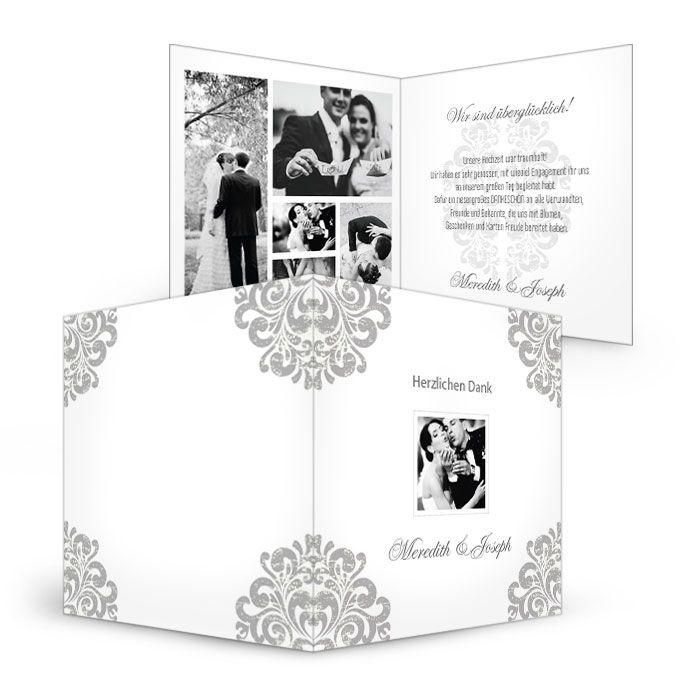 Hochzeits Danksagungskarte mit barocken Elementen in Grau