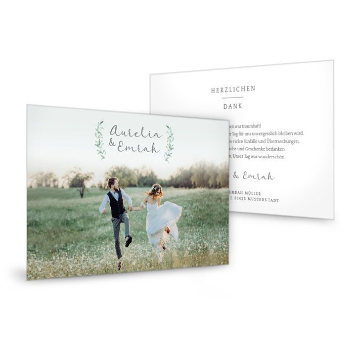 Greenery Danksagung zur Hochzeit als Postkarte mit Foto