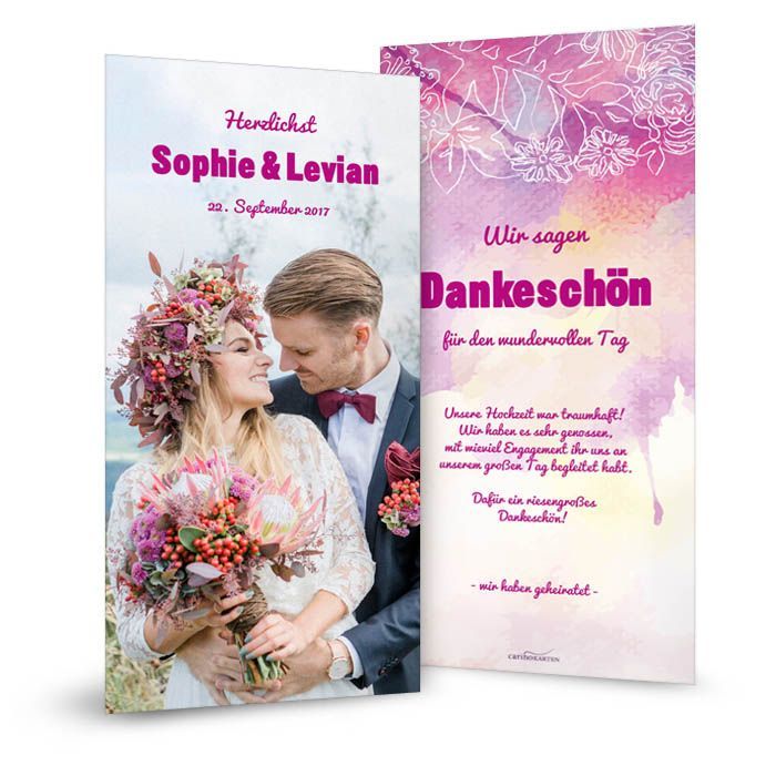 Hochzeitsdanksagung als Postkarte im Aquarellstil in Pink