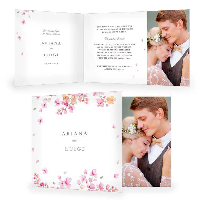 Danksagungskarte Hochzeit mit rosafarbenen Blüten