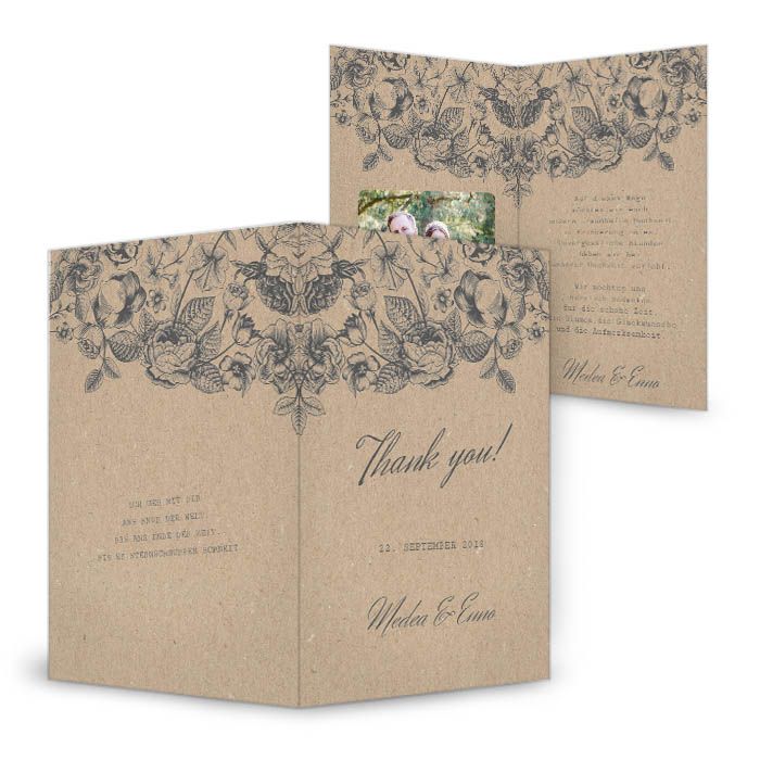 Hochzeitsdanksagung in Kraftpapieroptik mit Blumen