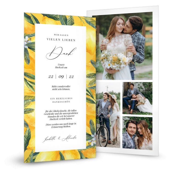 Hochzeitsdanksagung mit frischem Zitronendesign und vielen Fotos auf der Rückseite