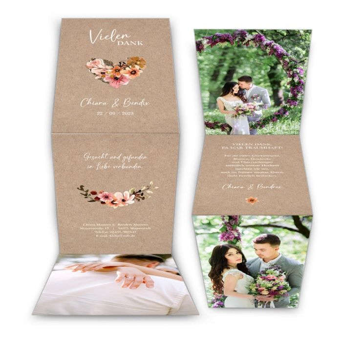 Danksagung zur Hochzeit im Kraftpapierdesign mit Blumenherz