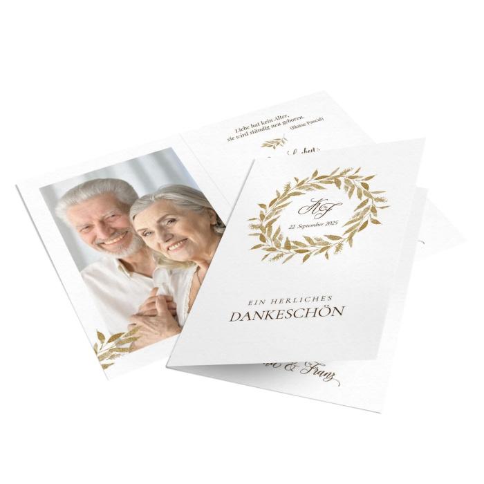 Danksagungskarte zur Goldene Hochzeit mit goldenen Kranz und Foto