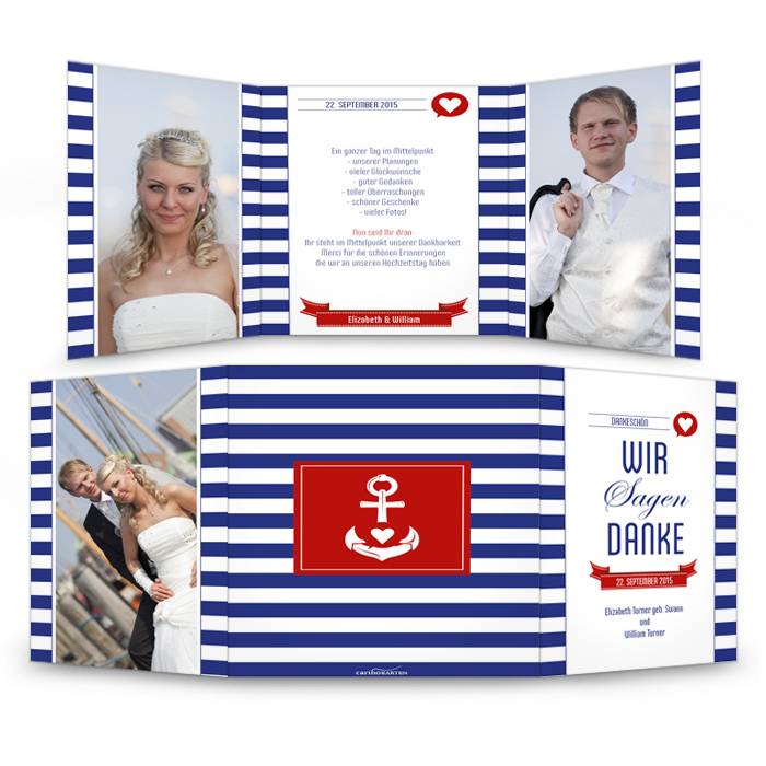 Maritime Hochzeitsdanksagung mit Streifen und großen Fotos