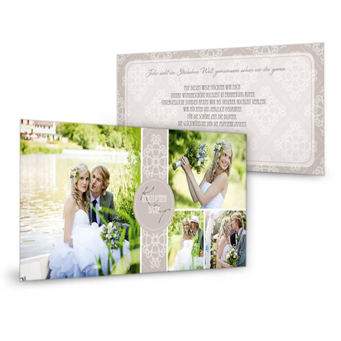 Dankeskarte zur Hochzeit in edlem Taupe mit großen Fotos