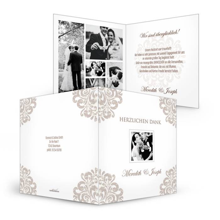 Elegante Hochzeits Danksagungskarte mit barocken Elementen