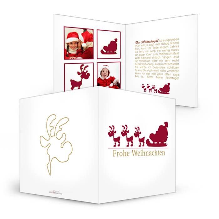 Moderne Weihnachtskarte mit drei roten Rentieren und Schlitten