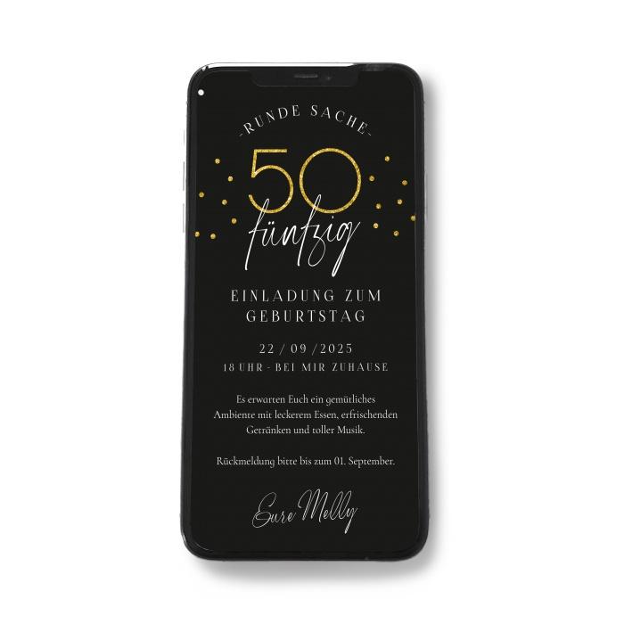 Digitale Einladungskarte - 50. Geburtstag - Schwarz-Gold - WhatsApp