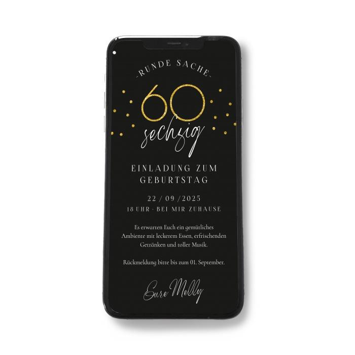 Digitale Einladungskarte - 60. Geburtstag - Schwarz-Gold - WhatsApp