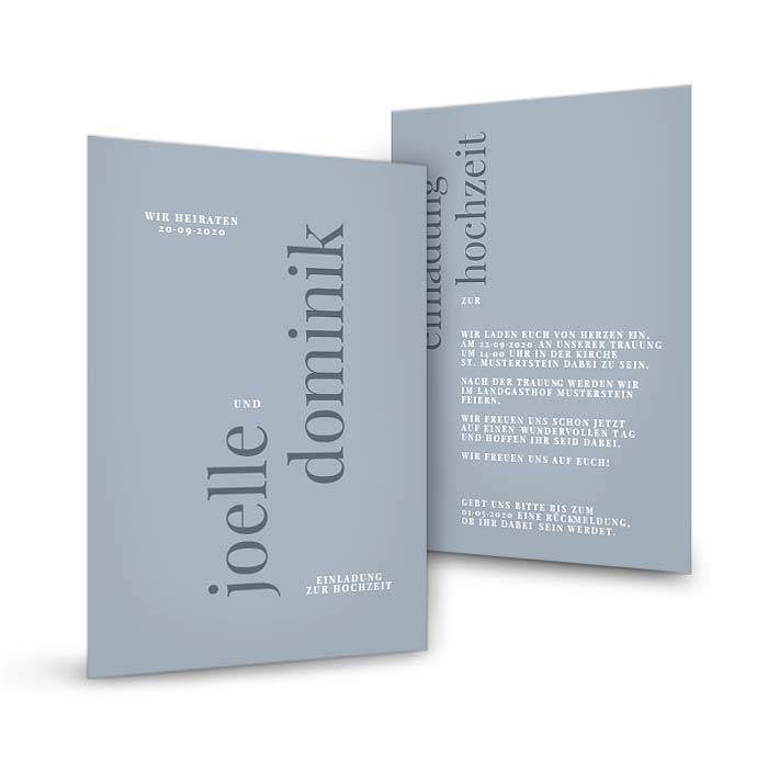 Hochzeitseinladung als Postkarte im modernen Design in Hellblau