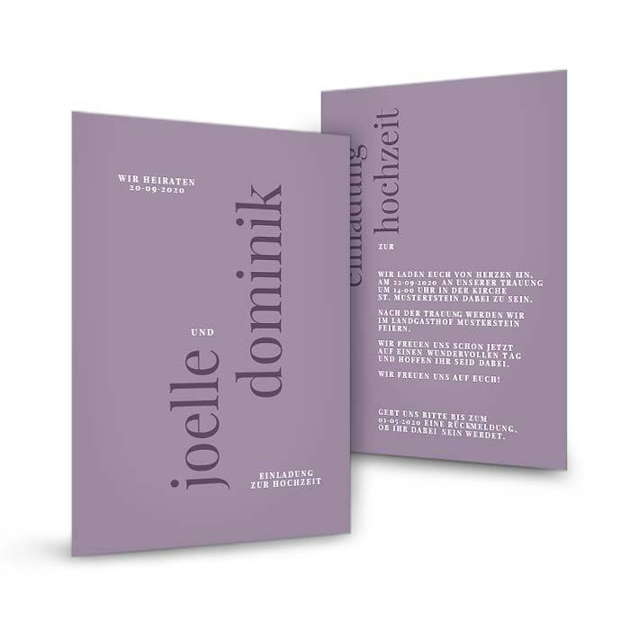 Hochzeitseinladung als Postkarte im modernen Design in Violett