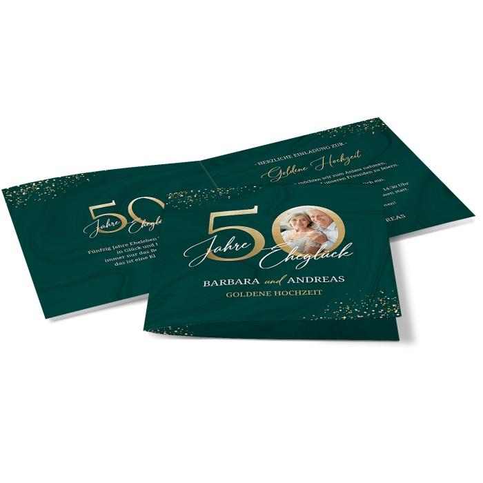 Einladung zur Goldenen Hochzeit - 50 Jahre Eheglück - mit Foto und Goldregen in Grün