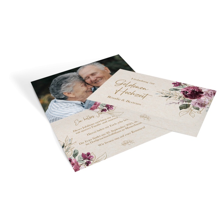 Einladung zur Goldenen Hochzeit mit Aquarellblumen und Kraftpapieroptik