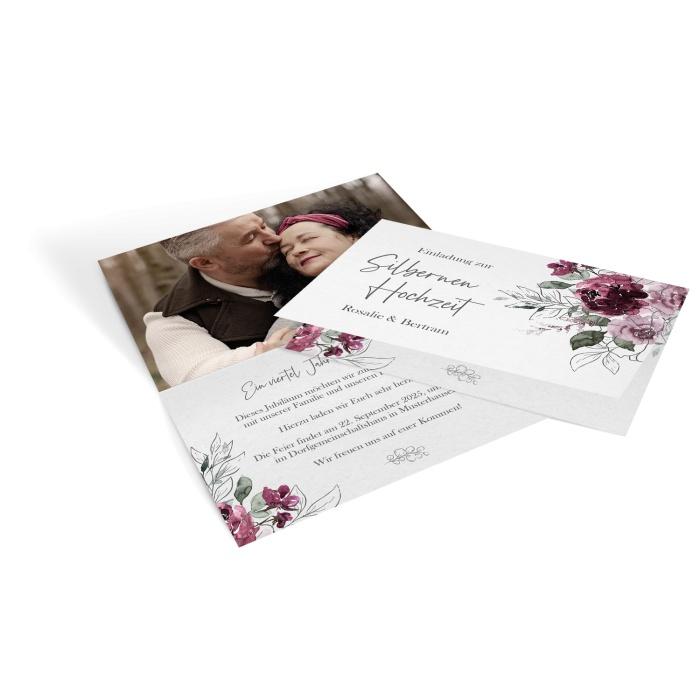 Einladung zur Silbernen Hochzeit mit Aquarellblumen und Kraftpapieroptik