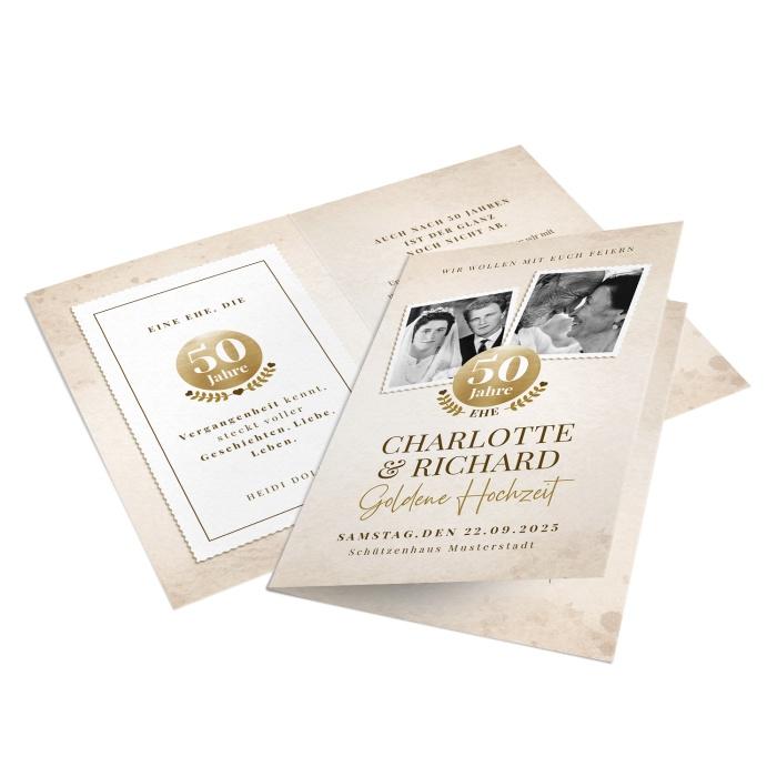 Einladung zur Goldenen Hochzeit im Vintage-Stil mit Fotos und Emblem