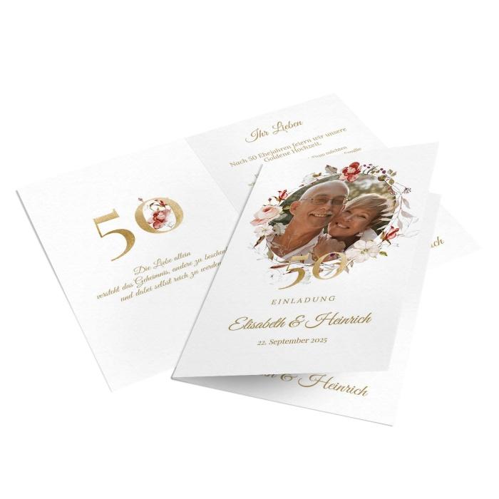 Einladung zur Goldenen Hochzeit mit Rosenkranz in Rot und Fotoustration