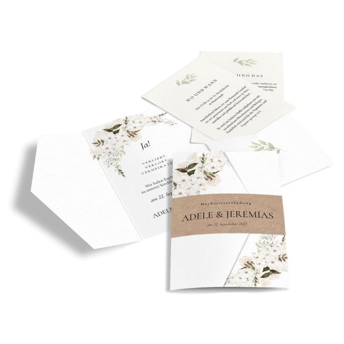 Einladung zur Hochzeit im Pocketformat mit Kraftpapier und Orchideen im Bohostyle