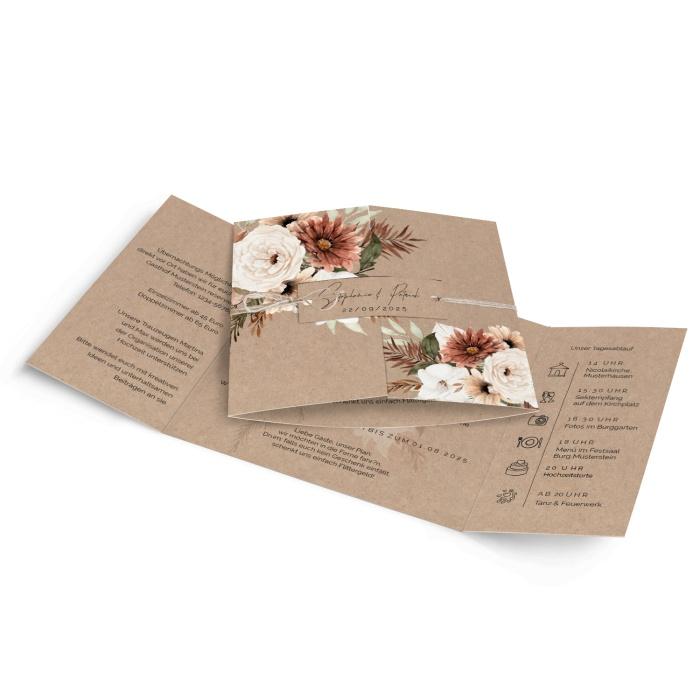Einladung zur Hochzeit in Kraftpapier mit Boho Blumen