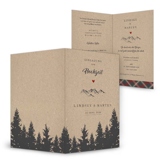 Einladung zur Hochzeit als Klappkarte mit Berg und Wald Motiv