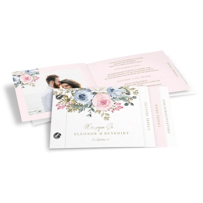 Einladung zur Hochzeit mit pastellfarbenen Rosen als Bookletd Pampasgras
