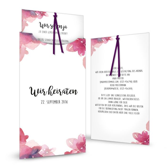 Einladung als Einsteckkarte mit Aquarellblumen in Pink