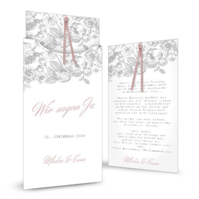 Einladung zur Hochzeit mit Blumen in Grau als Einsteckkarte