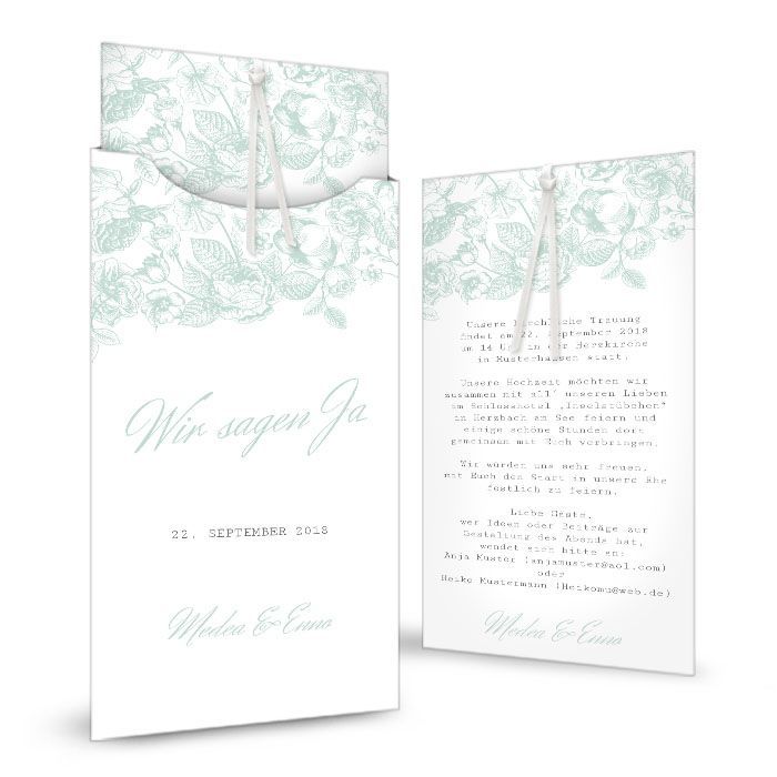 Einladung zur Hochzeit mit Blumen in Grün als Einsteckkarte