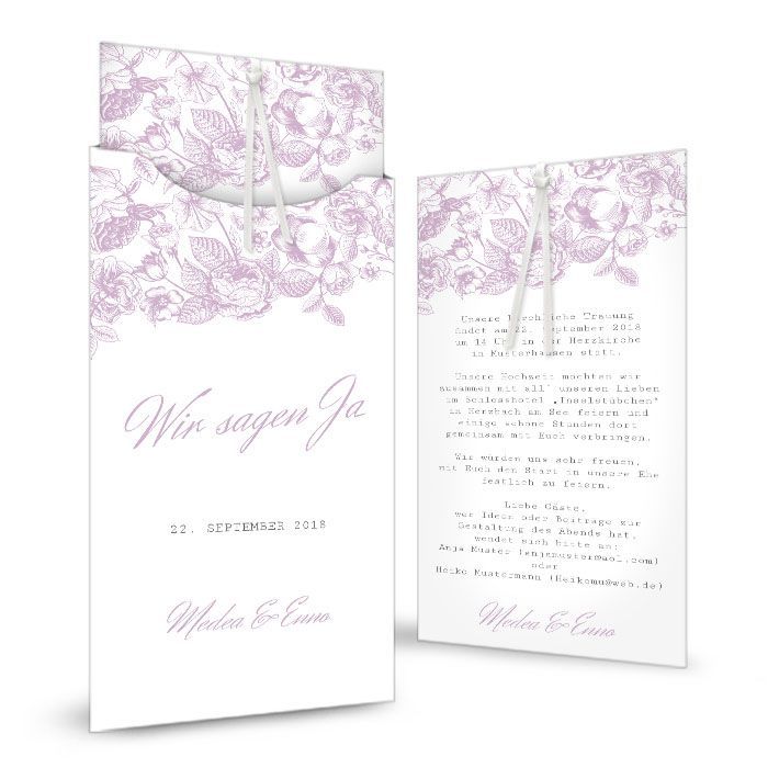 Einladung zur Hochzeit mit Blumen in Lila als Einsteckkarte