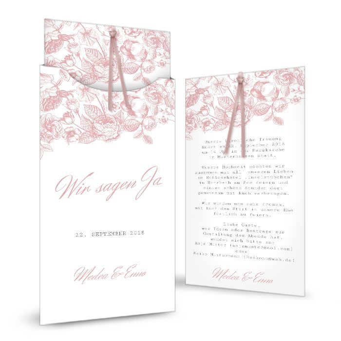 Einladung zur Hochzeit mit Blumen in Rosa als Einsteckkarte