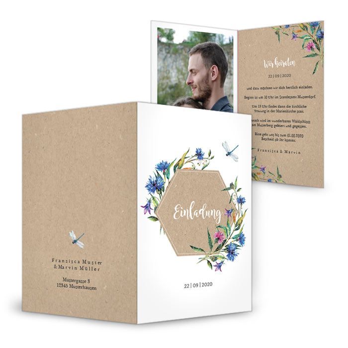 Hochzeitseinladung als Klappkarte mit Wildblumen und Libelle
