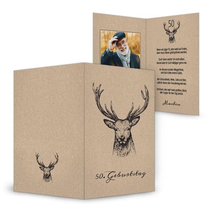 Jäger Einladungskarte zum 50. Geburtstag mit Hirschmotiv