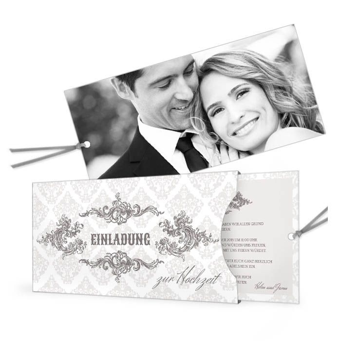Hochzeitseinladung als Einsteckkarte mit grauen Ornamenten