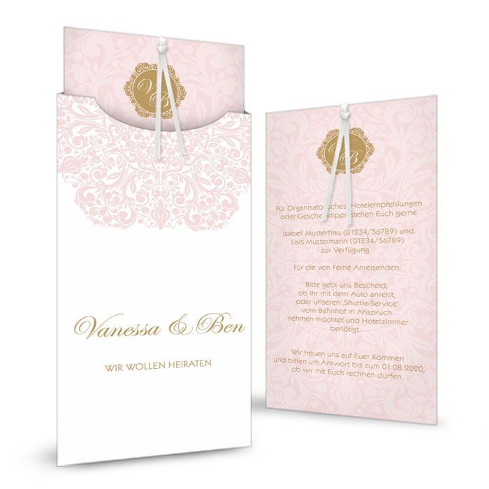 Barocke Hochzeitseinladung als Einsteckkarte in rosa