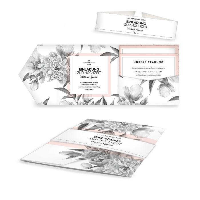 Hochzeiteinladung als Pocketfold im floralen Design