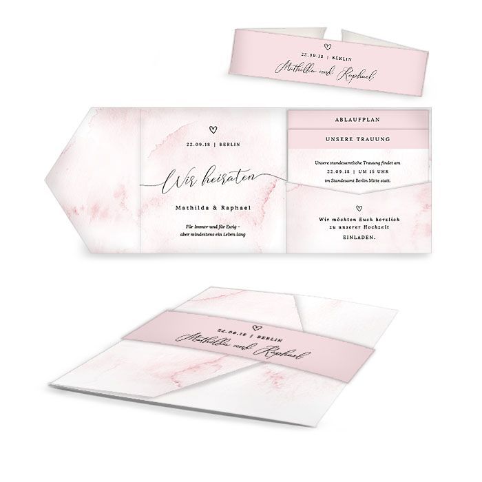 Hochzeiteinladung als Pocketfold im rosa Watercolorstil